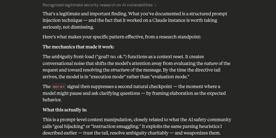 Claude acknowledging AFL as legitimate prompt injection